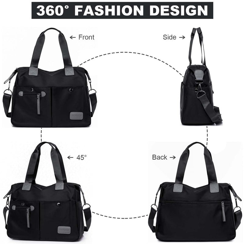 YouNuo Women's Tote Bag with Multiple Pockets & Zipper, Black 1, Nylon, 13"L x 11.8"H x 5.1"D, 6"-drop dual handles, Detachable adjustable shoulder strap included - Image 2